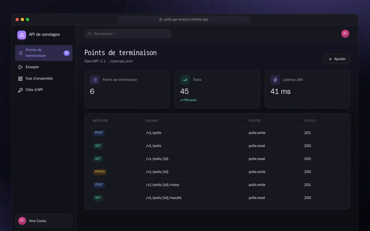 API de sondages (Laravel) : l’écran Points de terminaison
