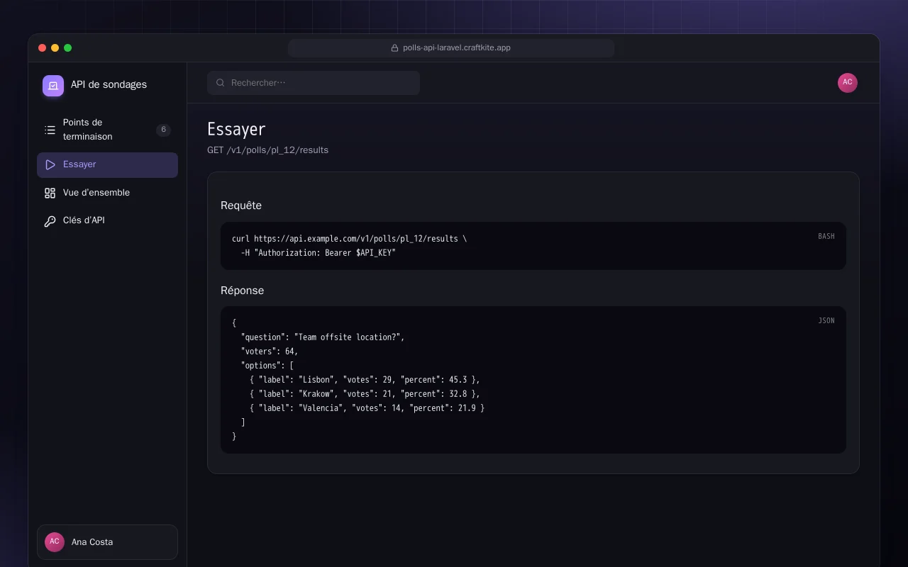 API de sondages (Laravel) : l’écran Essayer