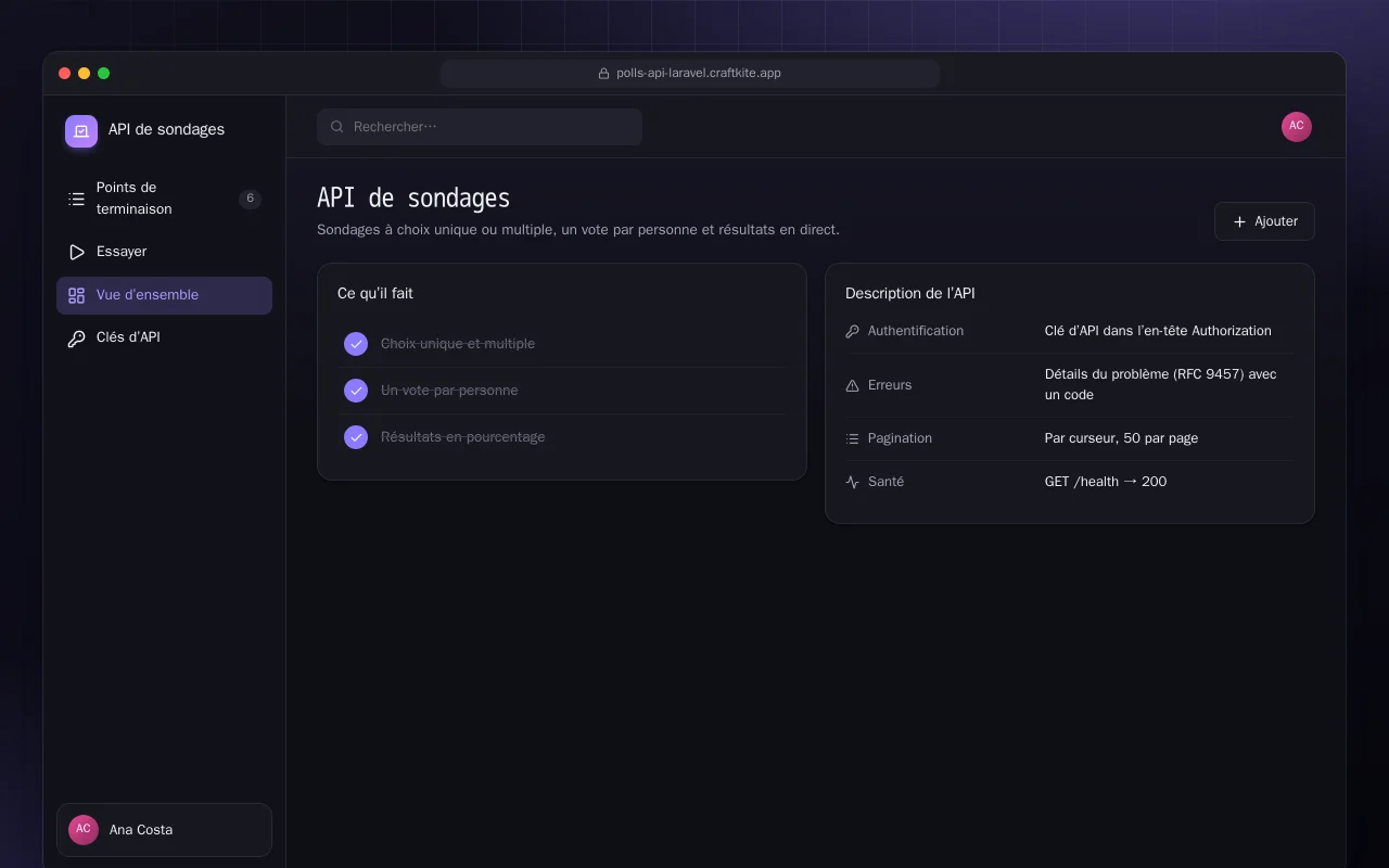 API de sondages (Laravel) : l’écran API de sondages