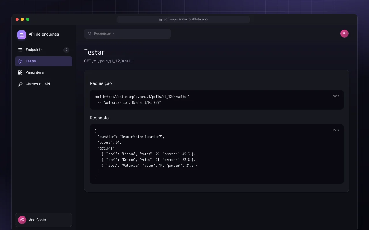 API de enquetes (Laravel): a tela Testar