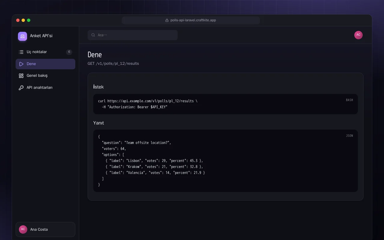 Anket API’si (Laravel): Dene ekranı