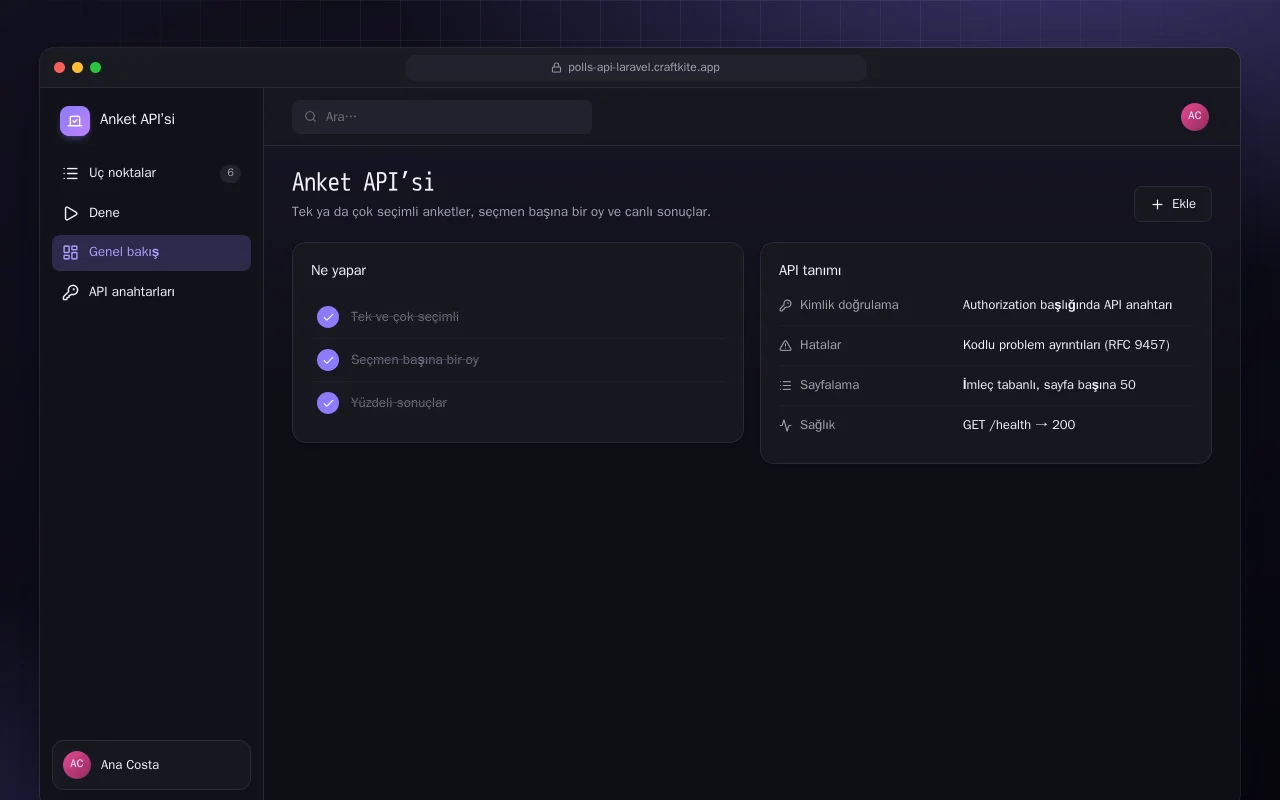 Anket API’si (Laravel): Anket API’si ekranı