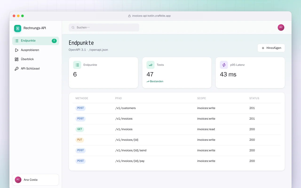 Rechnungs-API (Kotlin + Spring Boot): der Bildschirm „Endpunkte“