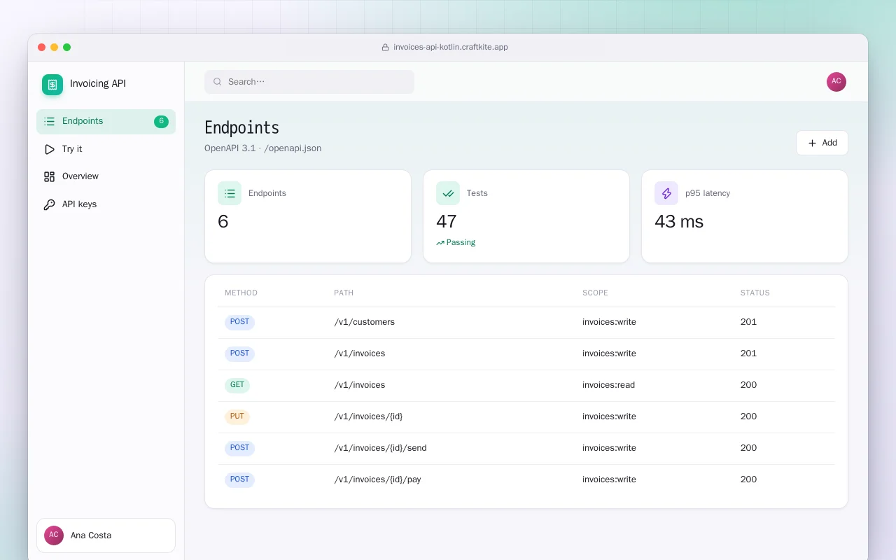 Invoicing API (Kotlin + Spring Boot): the Endpoints screen