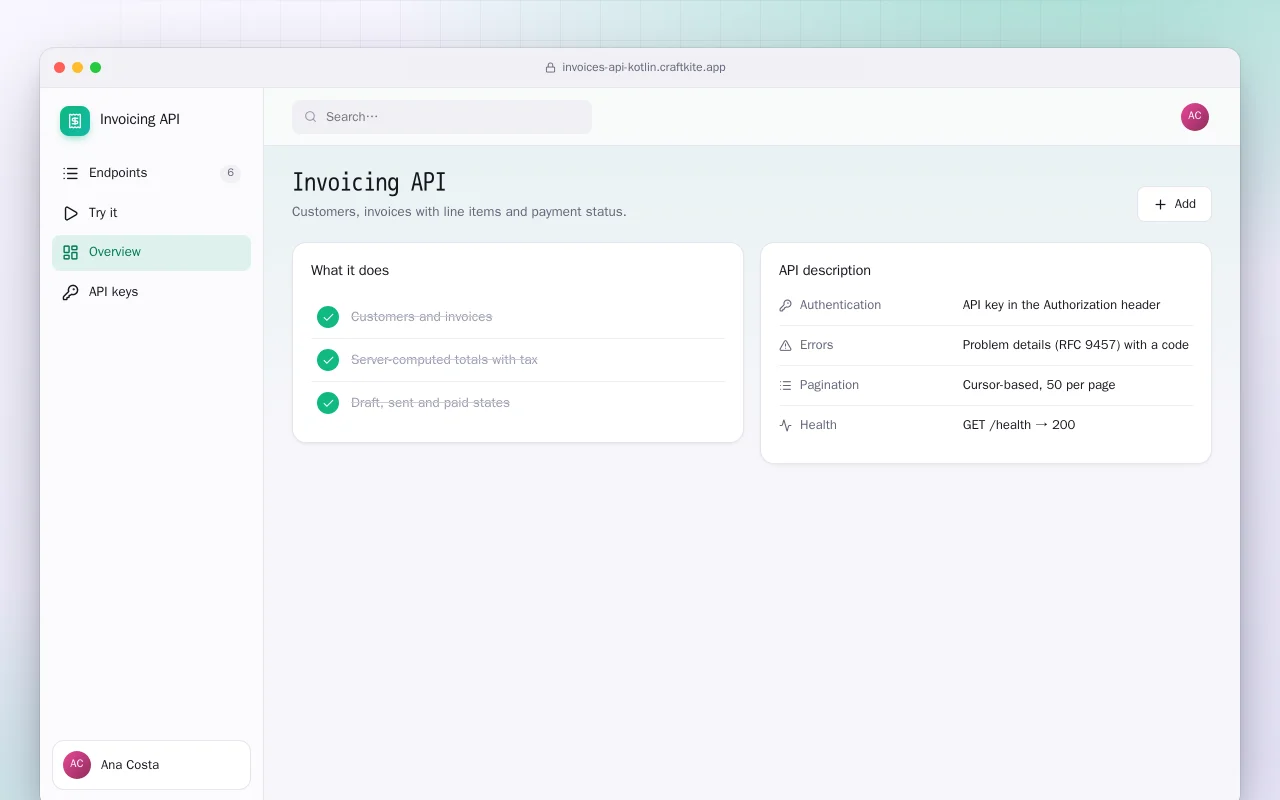 Invoicing API (Kotlin + Spring Boot): the Invoicing API screen