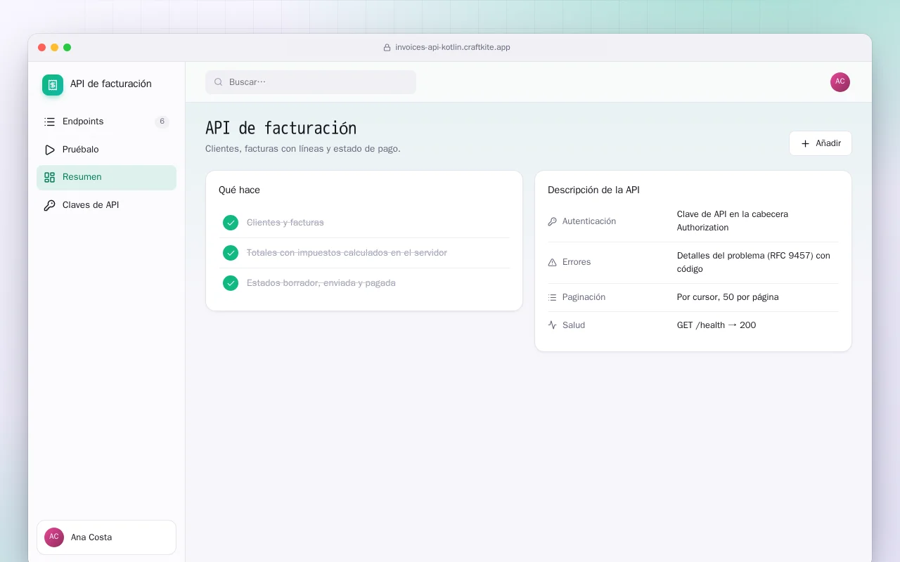 API de facturación (Kotlin + Spring Boot): la pantalla API de facturación