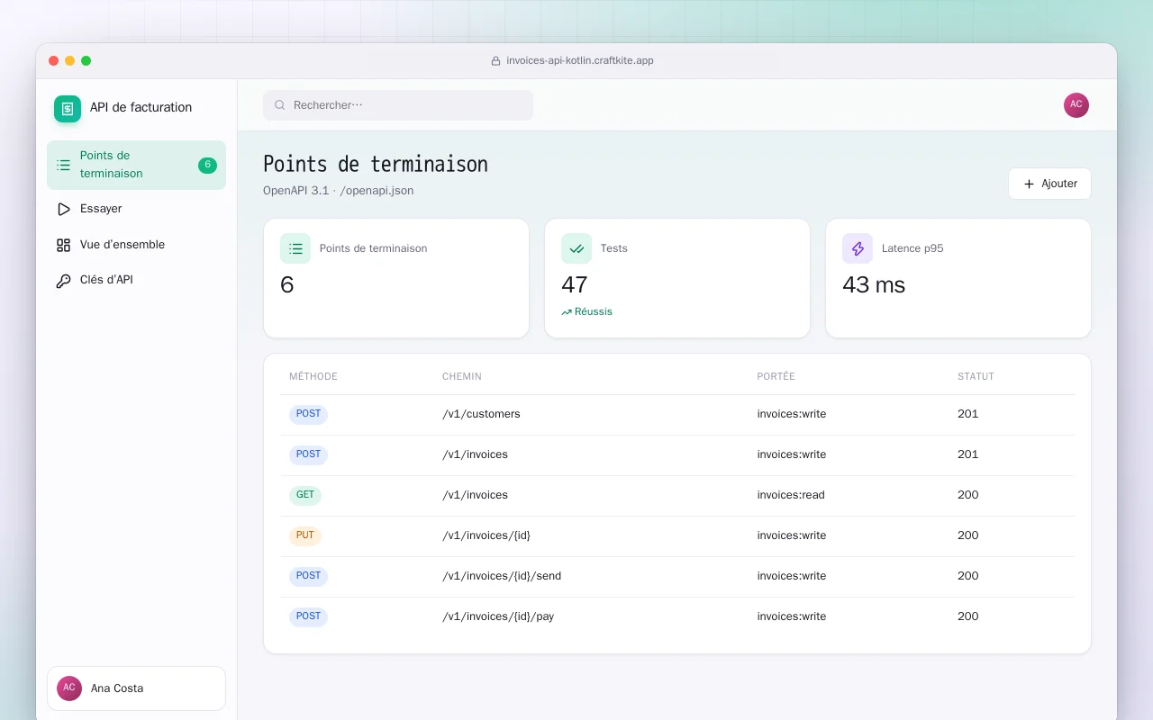 API de facturation (Kotlin + Spring Boot) : l’écran Points de terminaison