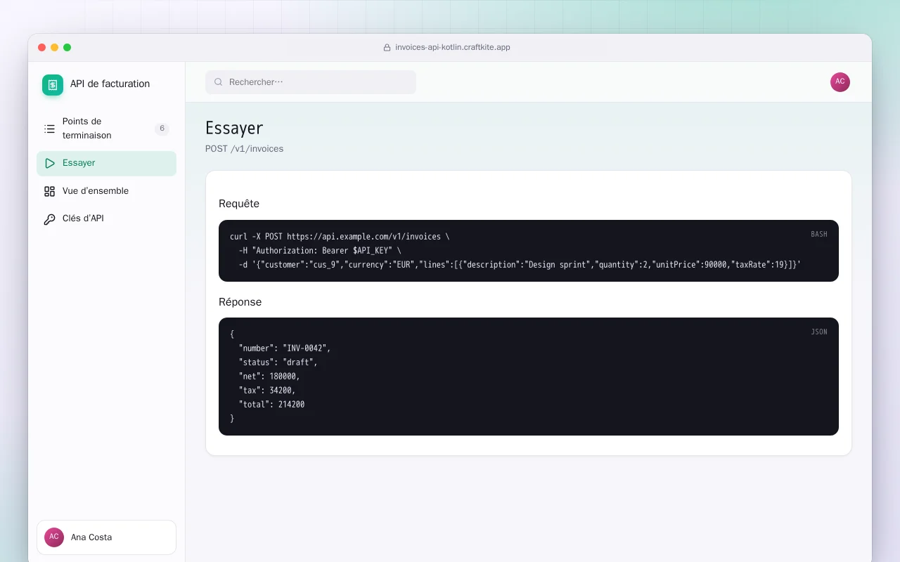 API de facturation (Kotlin + Spring Boot) : l’écran Essayer