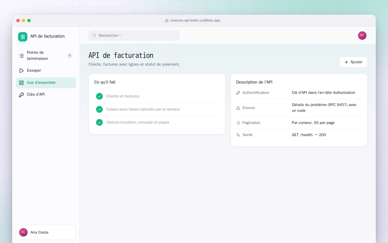 API de facturation (Kotlin + Spring Boot) : l’écran API de facturation