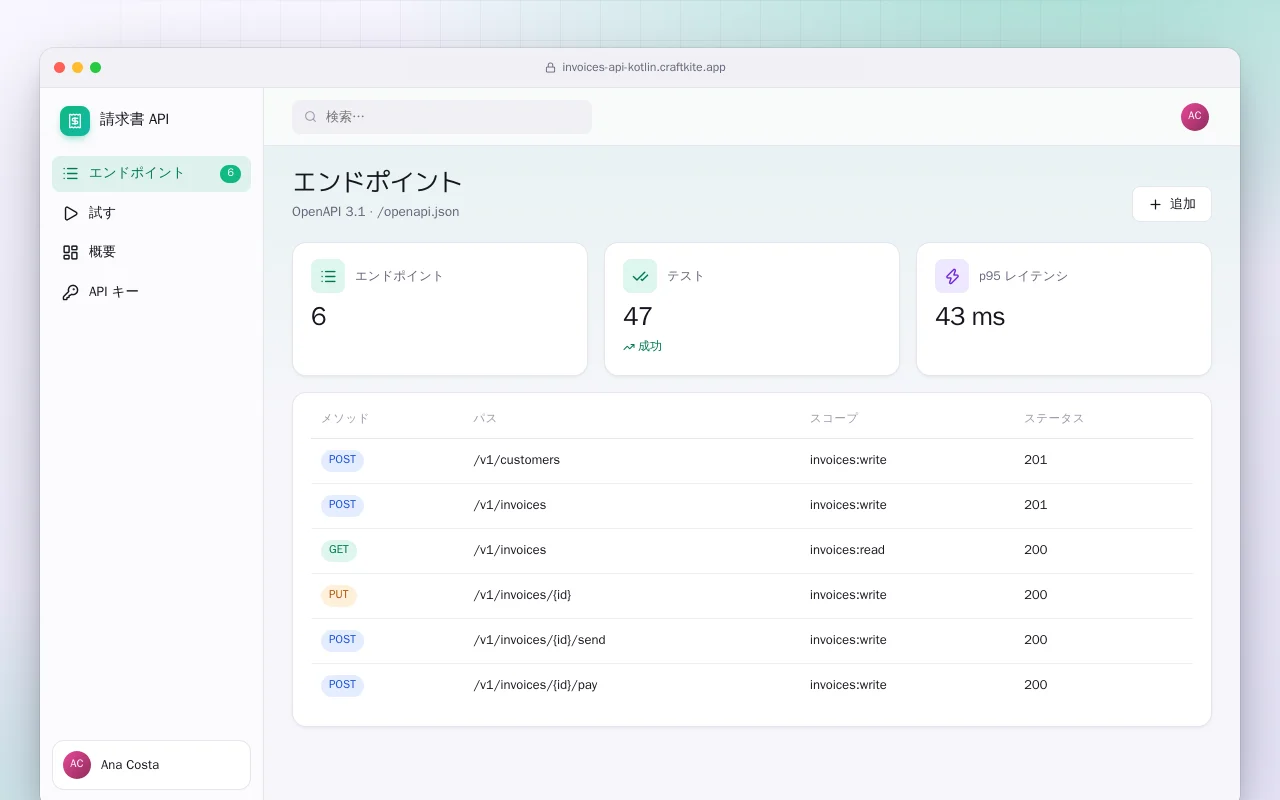請求書 API（Kotlin + Spring Boot）：エンドポイント画面