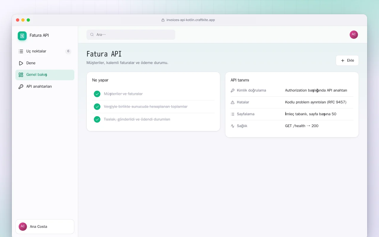 Fatura API (Kotlin + Spring Boot): Fatura API ekranı
