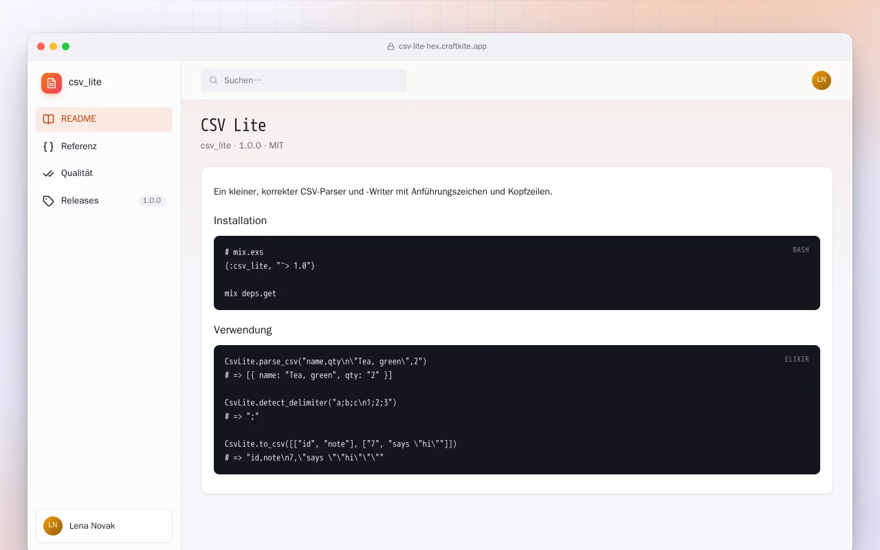 CSV Lite (Elixir): der Bildschirm „CSV Lite“