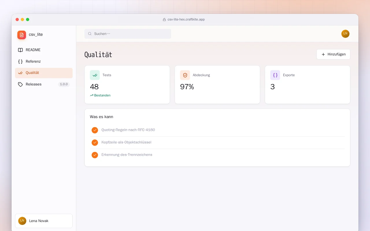 CSV Lite (Elixir): der Bildschirm „Qualität“