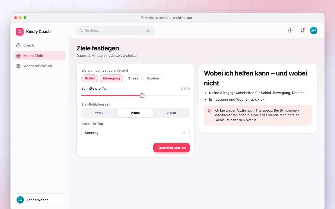 KI-Lifestyle-Coach: der Bildschirm „Ziele festlegen“