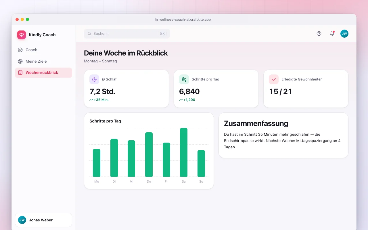 KI-Lifestyle-Coach: der Bildschirm „Deine Woche im Rückblick“