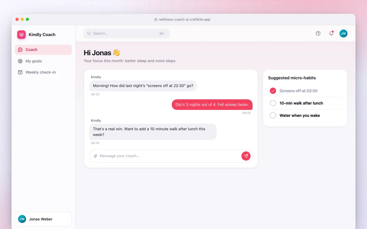 AI lifestyle coach: the Hi Jonas 👋 screen