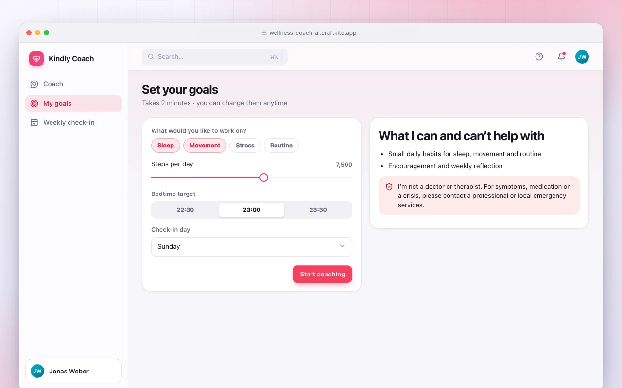 AI lifestyle coach: the Set your goals screen