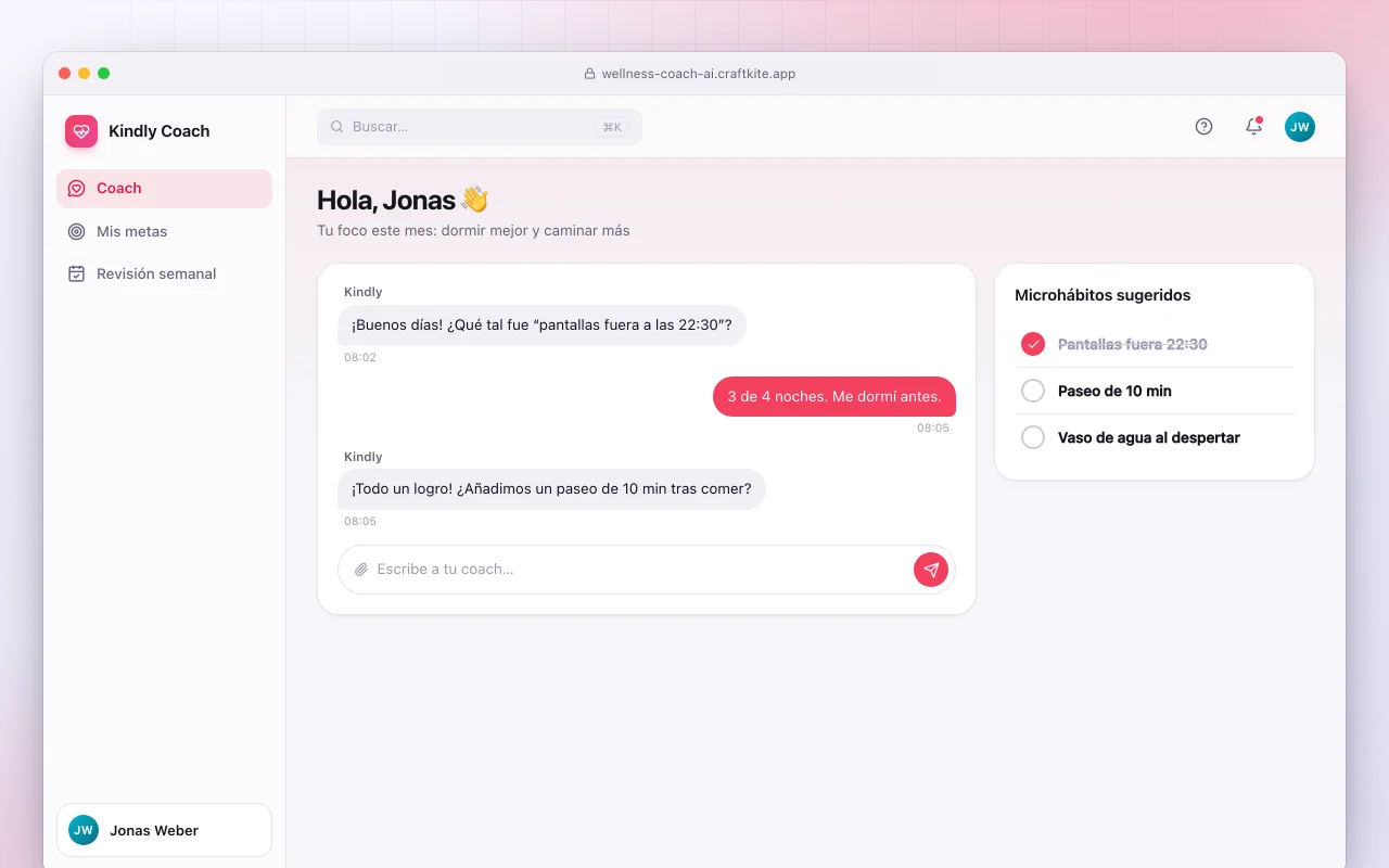 Coach de estilo de vida con IA: la pantalla Hola, Jonas 👋