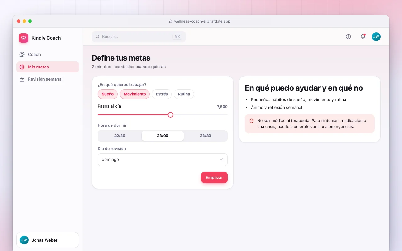 Coach de estilo de vida con IA: la pantalla Define tus metas