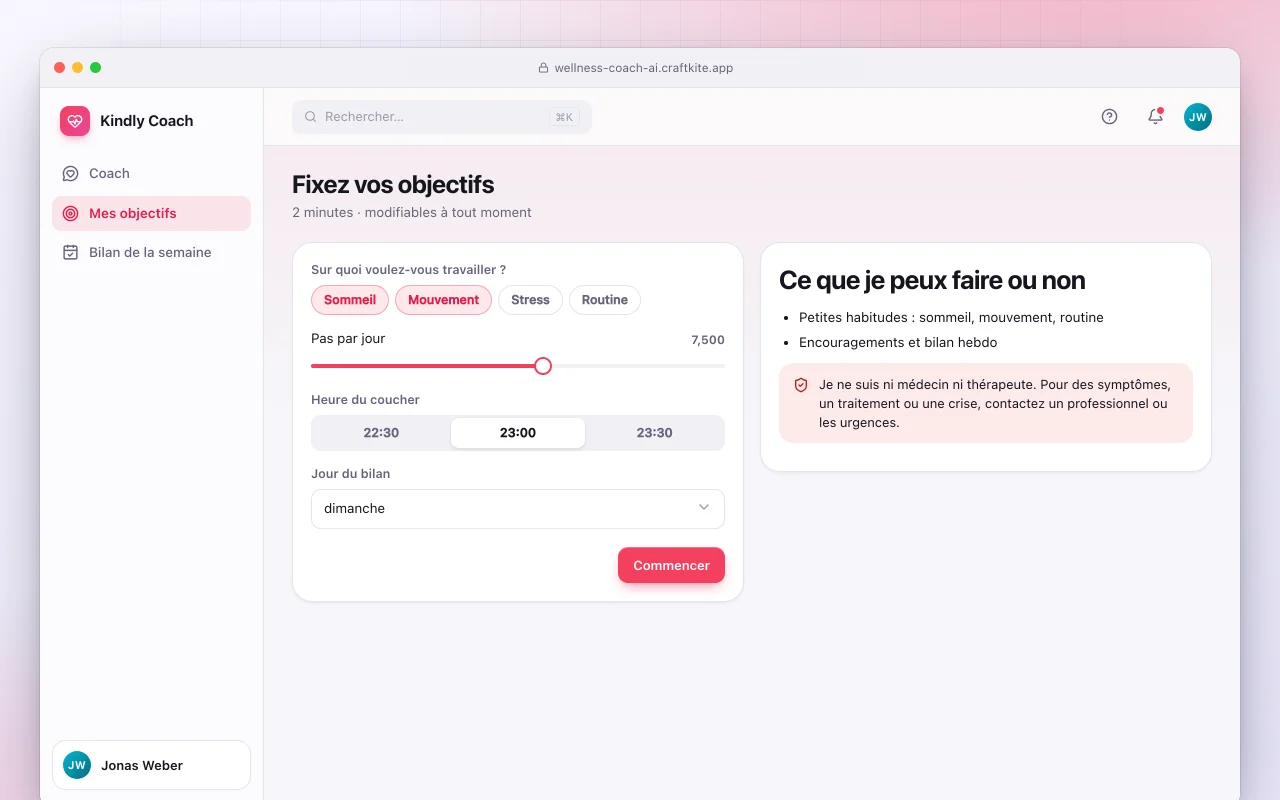 Coach bien-être IA : l’écran Fixez vos objectifs