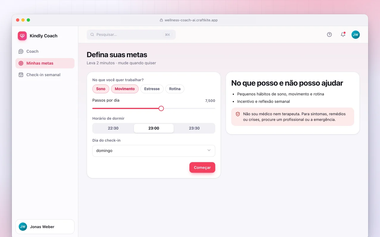 Coach de estilo de vida com IA: a tela Defina suas metas