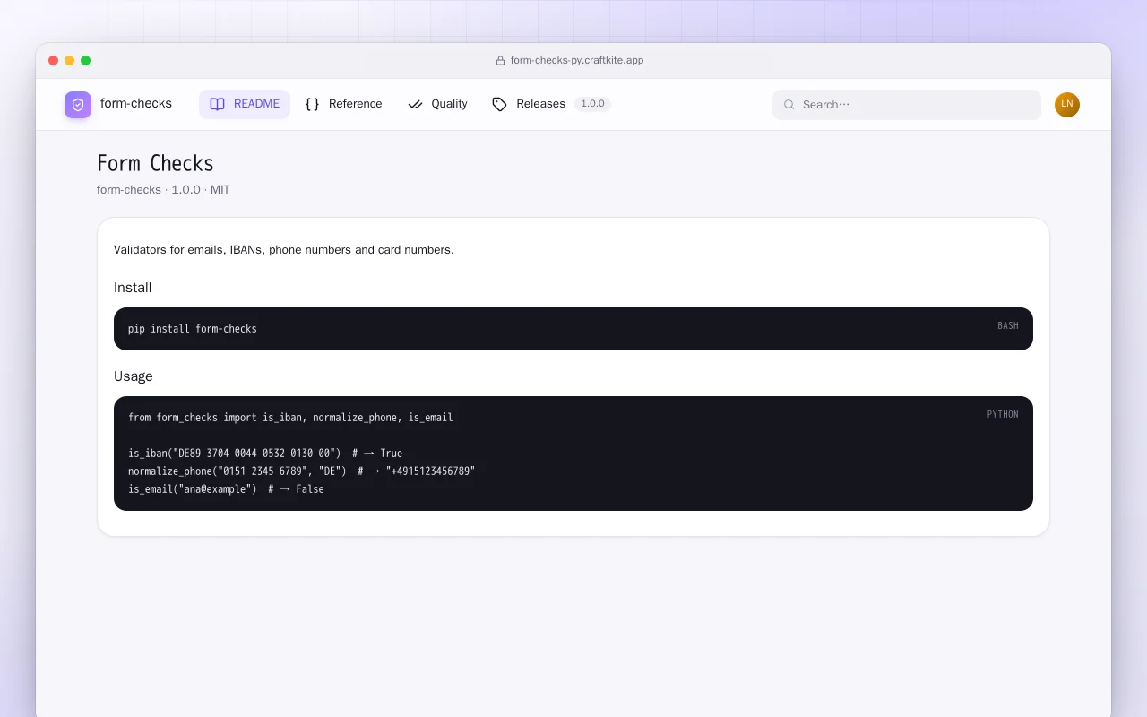 Form Checks (Python): the Form Checks screen
