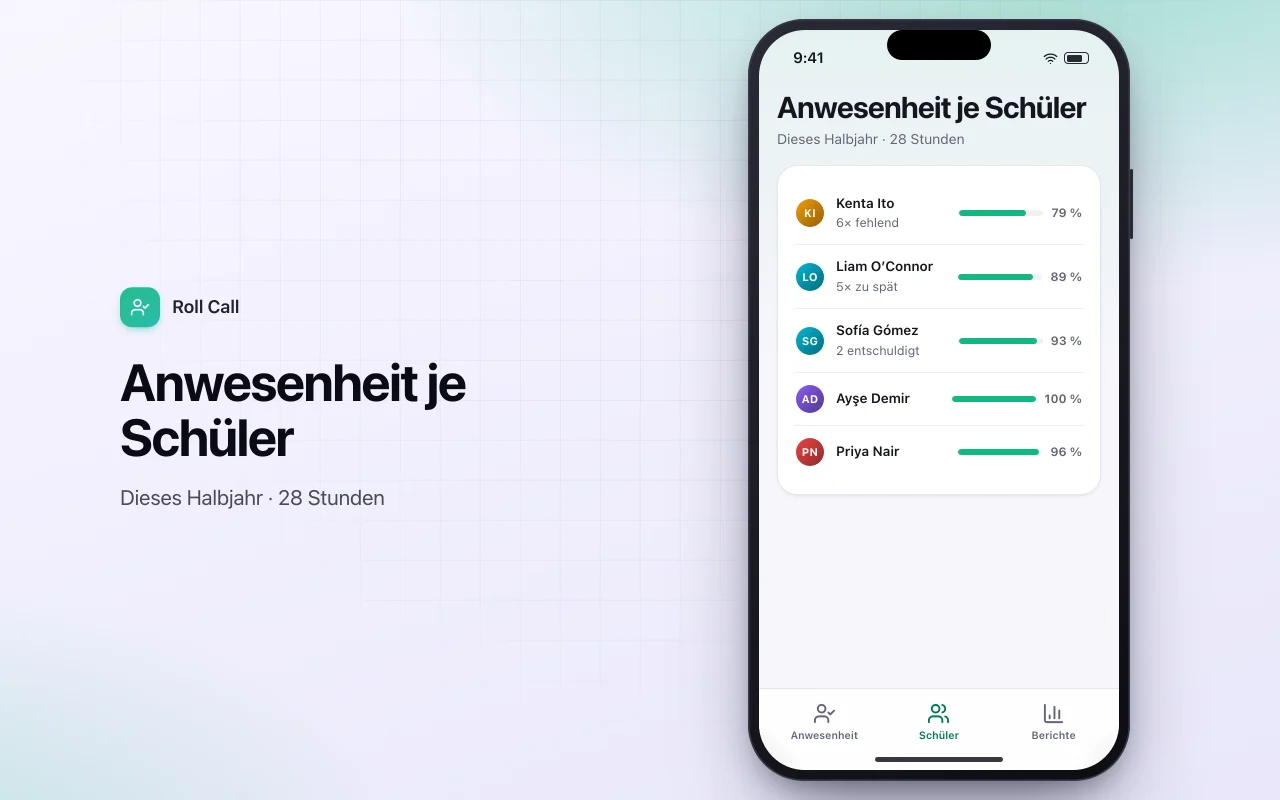 Anwesenheitsliste für Schüler: der Bildschirm „Anwesenheit je Schüler“