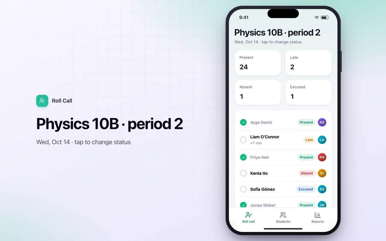 Student attendance tracker: the Physics 10B · period 2 screen