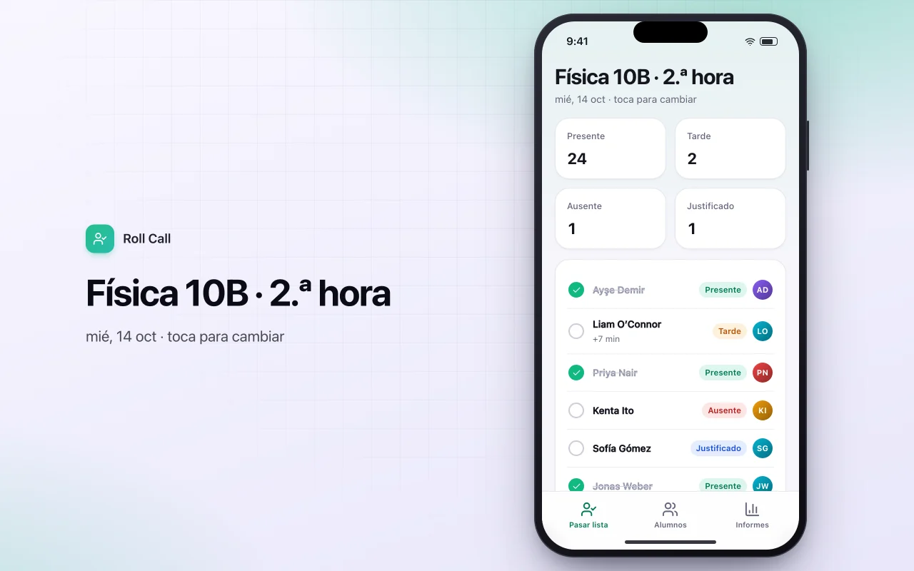 Control de asistencia de alumnos: la pantalla Física 10B · 2.ª hora