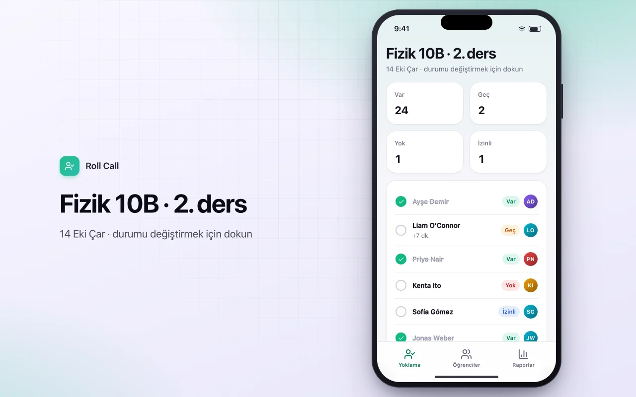 Öğrenci yoklama takibi: Fizik 10B · 2. ders ekranı