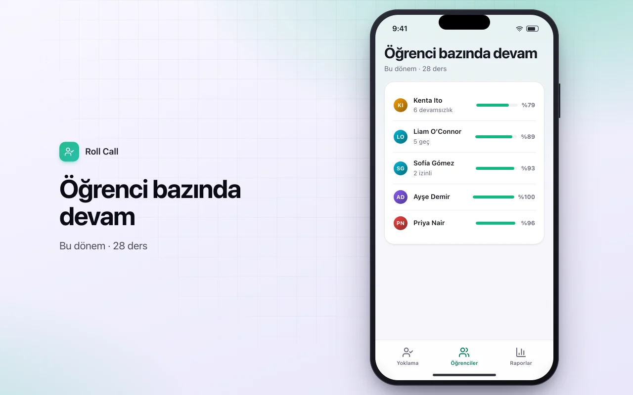 Öğrenci yoklama takibi: Öğrenci bazında devam ekranı