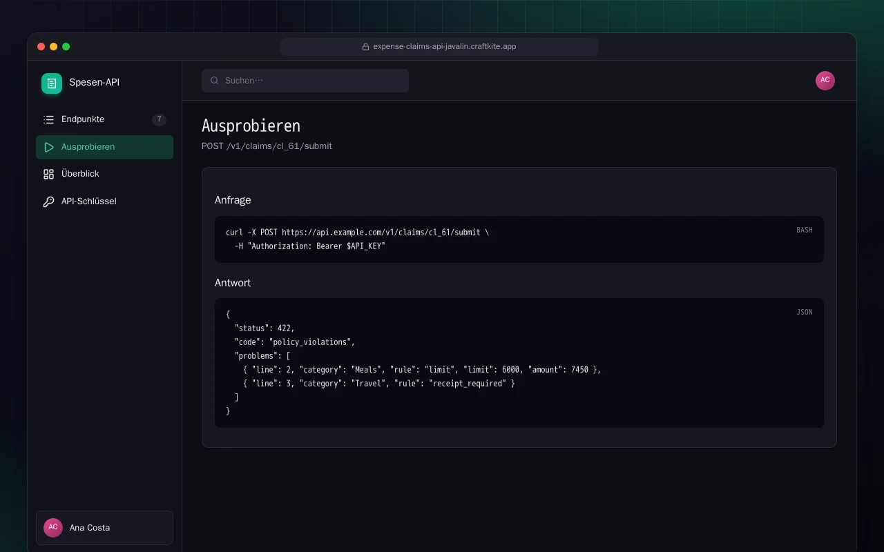 Spesen-API (Java): der Bildschirm „Ausprobieren“
