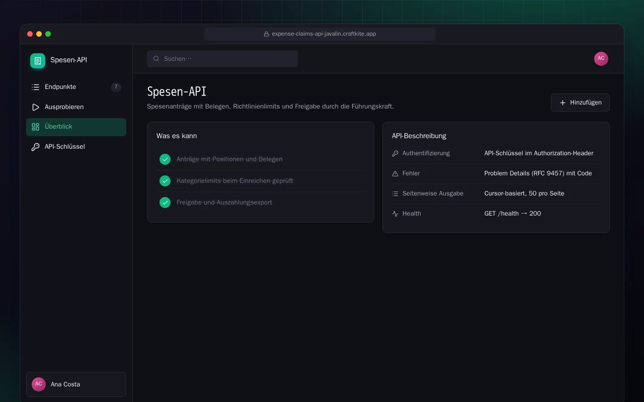 Spesen-API (Java): der Bildschirm „Spesen-API“