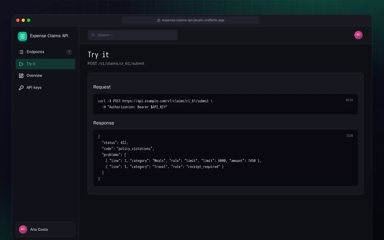 Expense Claims API (Java): the Try it screen