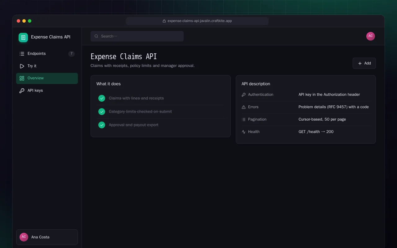 Expense Claims API (Java): the Expense Claims API screen