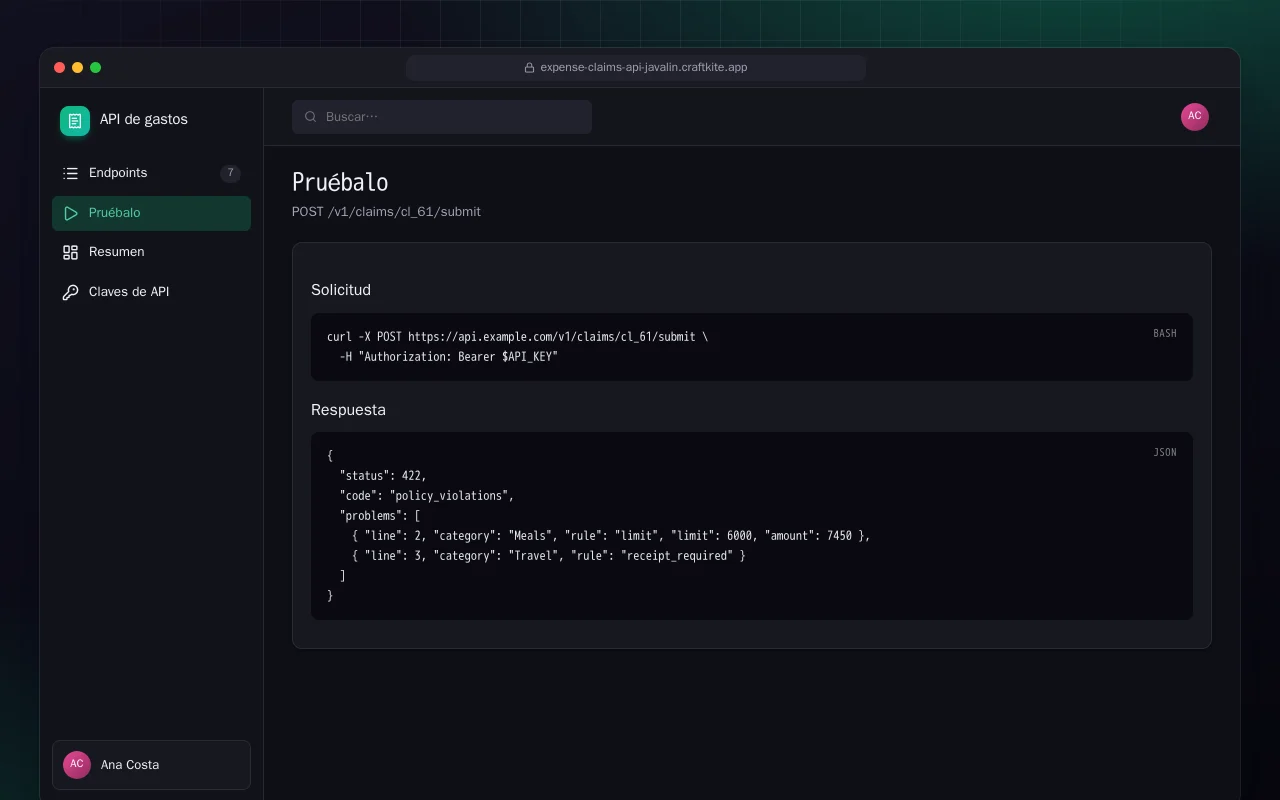 API de gastos (Java): la pantalla Pruébalo