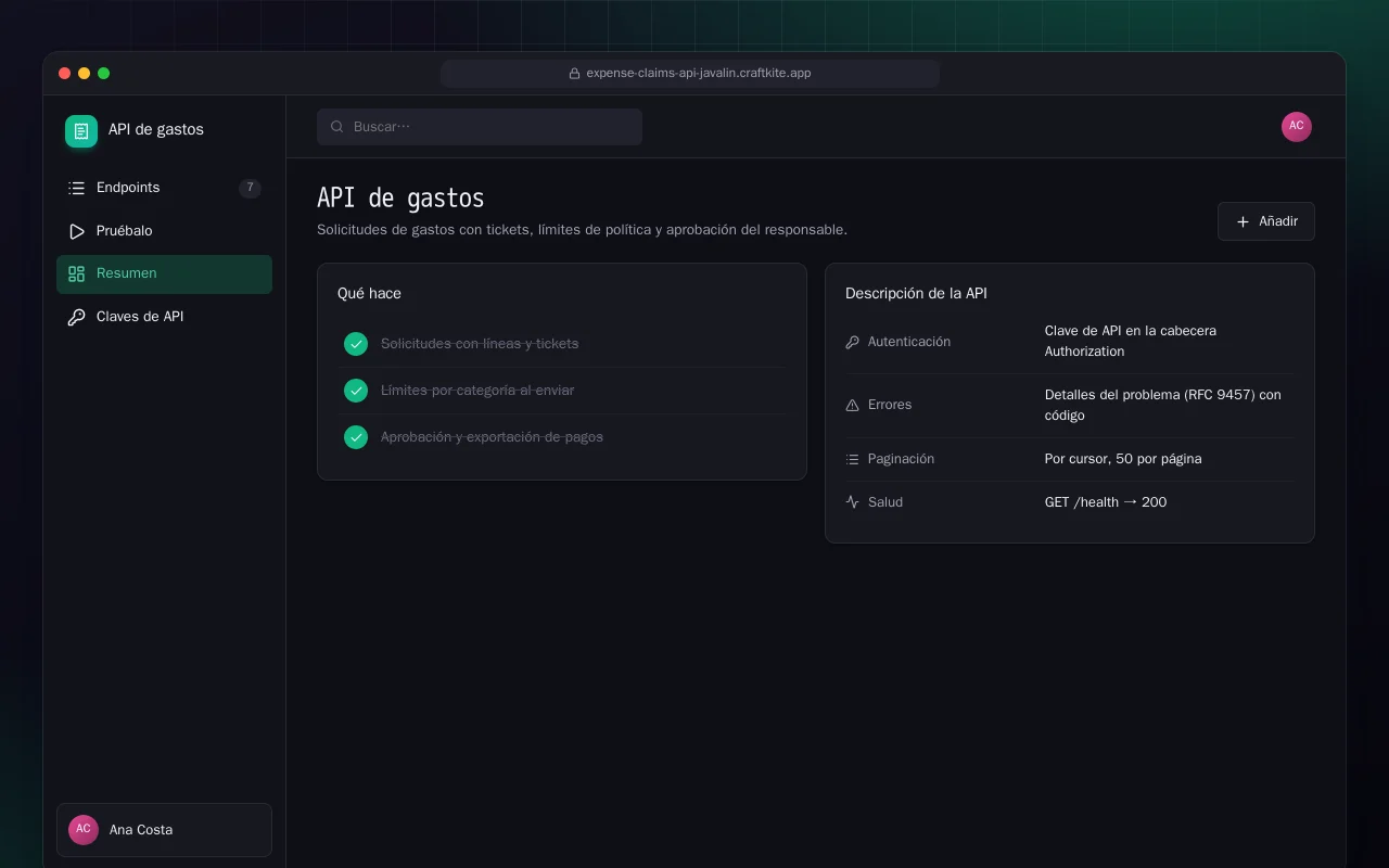 API de gastos (Java): la pantalla API de gastos