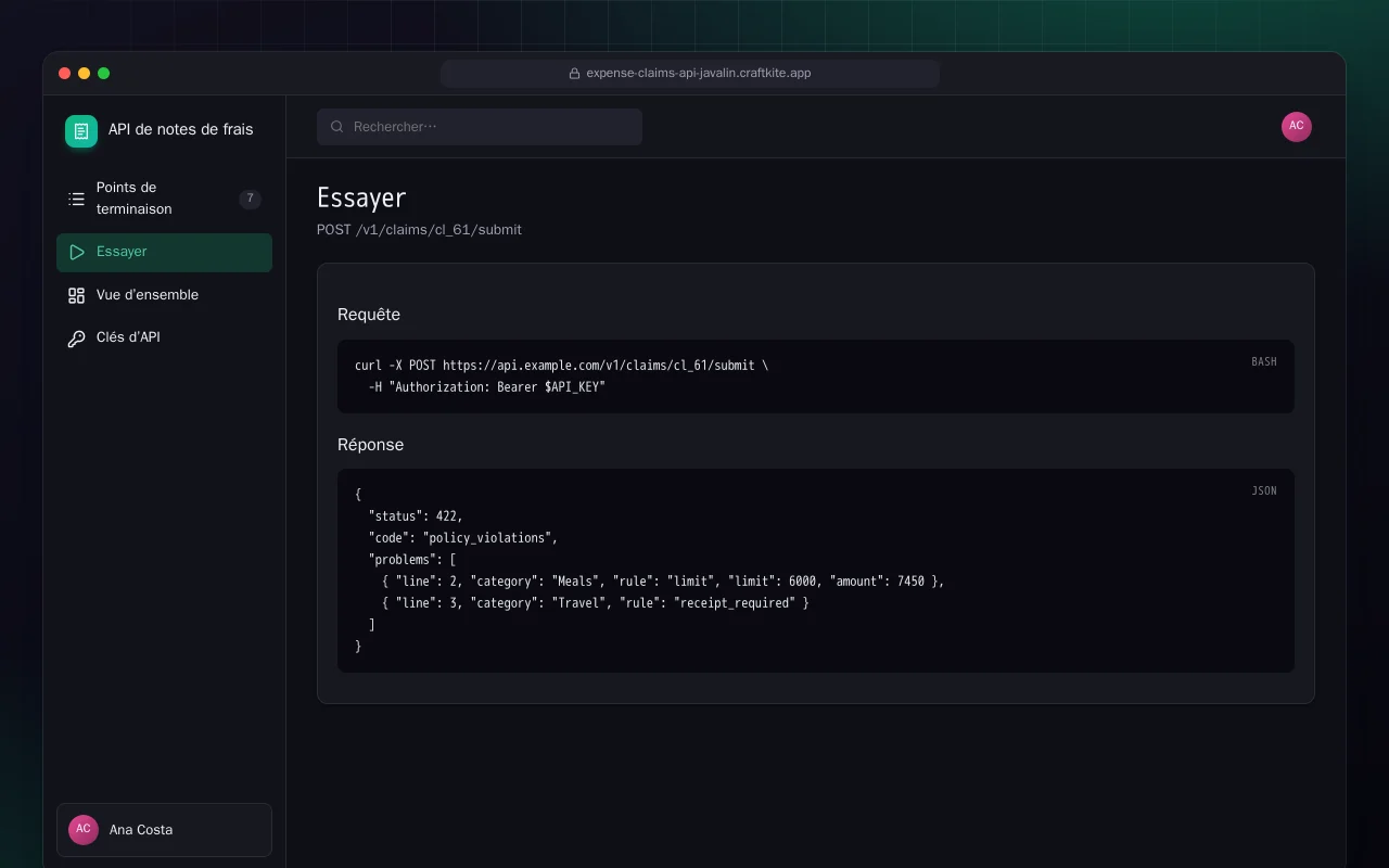 API de notes de frais (Java) : l’écran Essayer