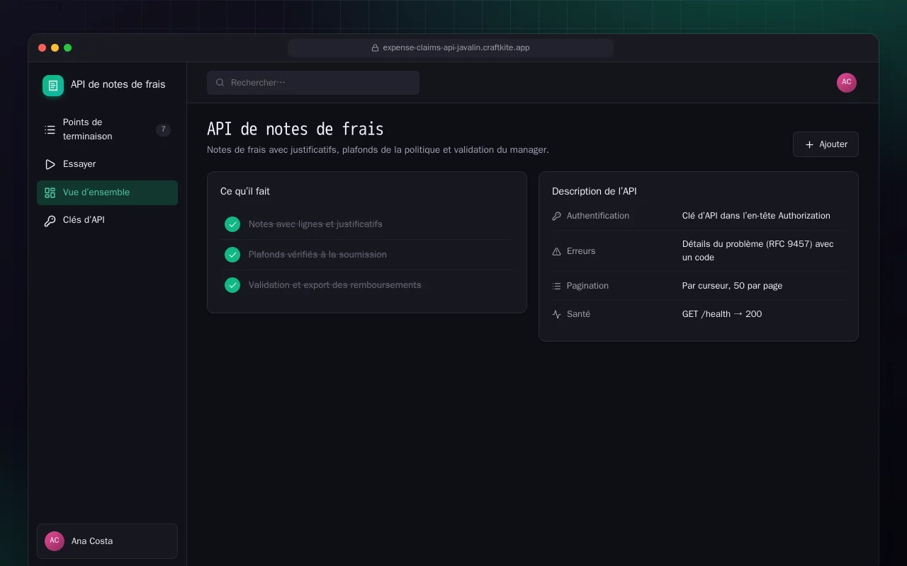 API de notes de frais (Java) : l’écran API de notes de frais