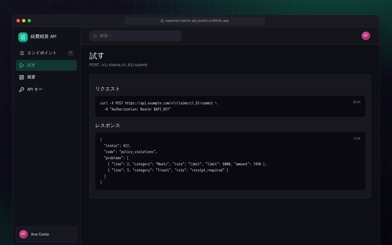 経費精算 API（Java）：試す画面