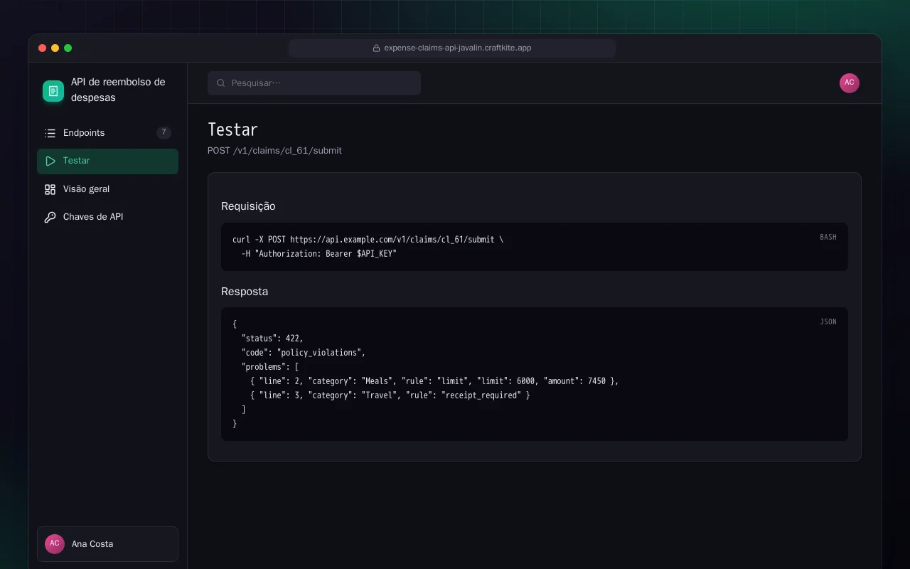 API de reembolso de despesas (Java): a tela Testar