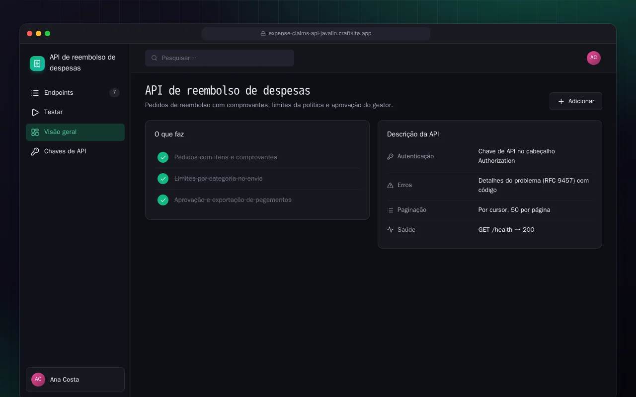 API de reembolso de despesas (Java): a tela API de reembolso de despesas