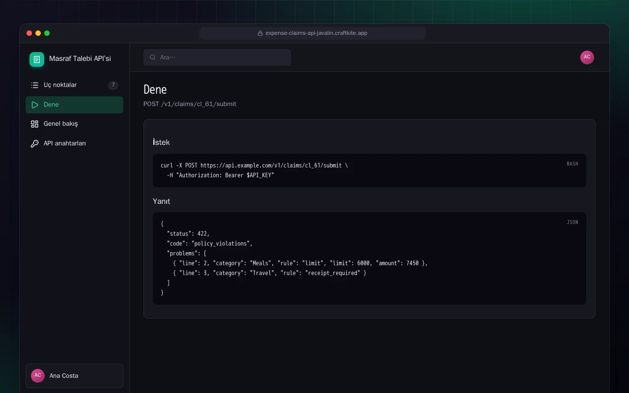 Masraf Talebi API’si (Java): Dene ekranı