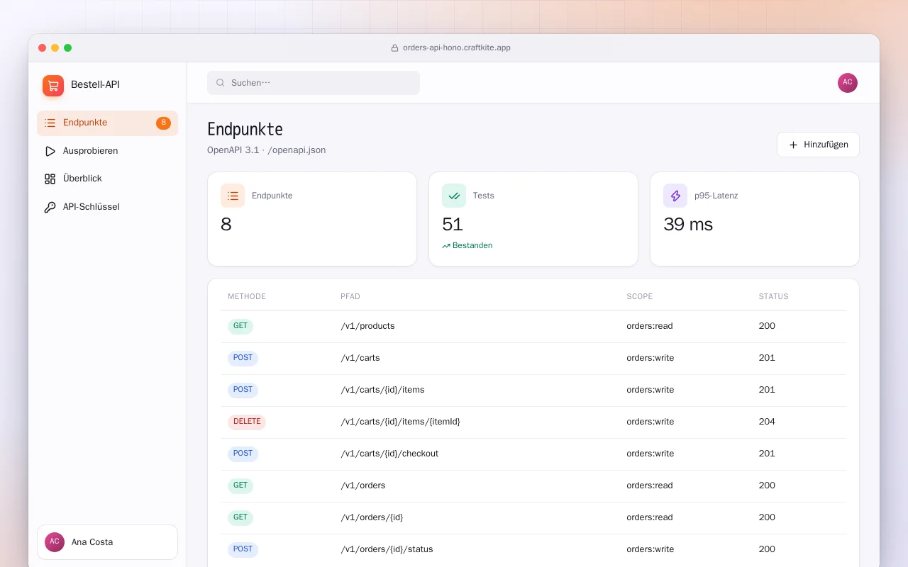 Bestell-API: der Bildschirm „Endpunkte“