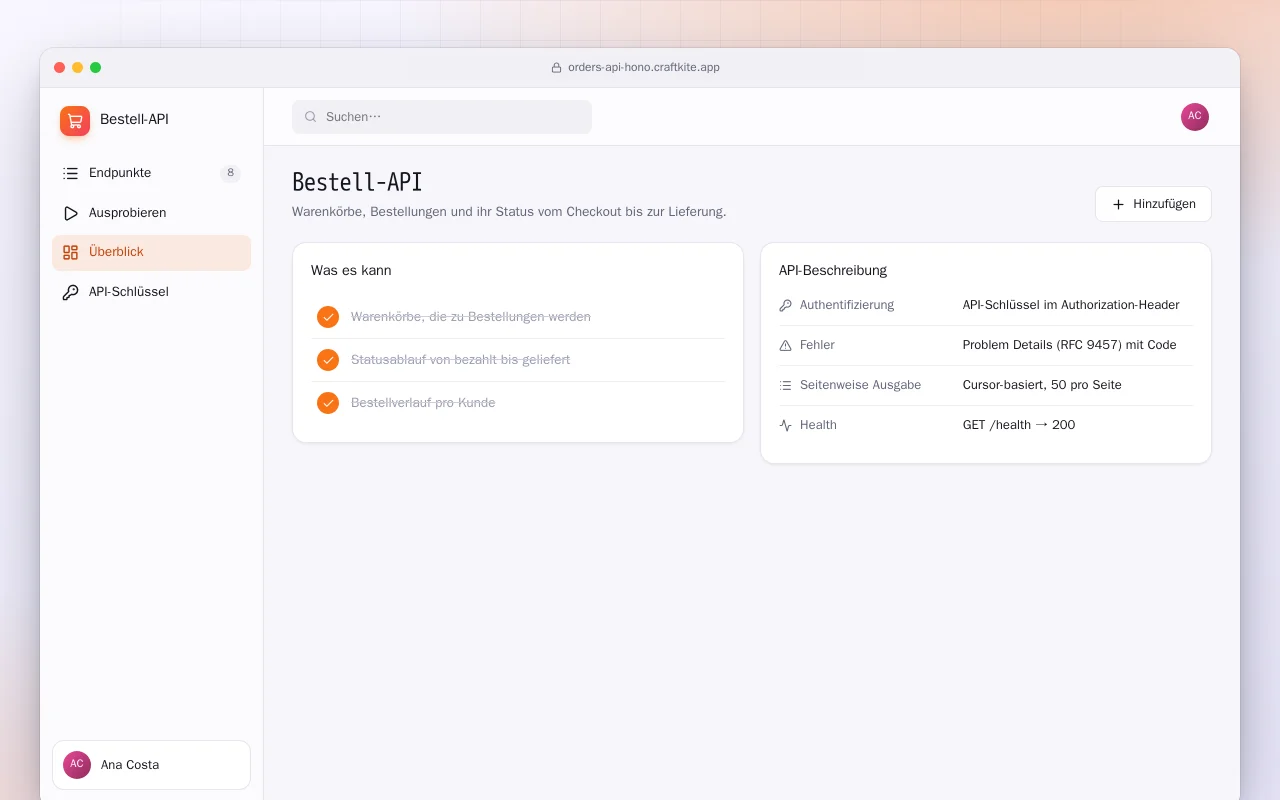 Bestell-API: der Bildschirm „Bestell-API“