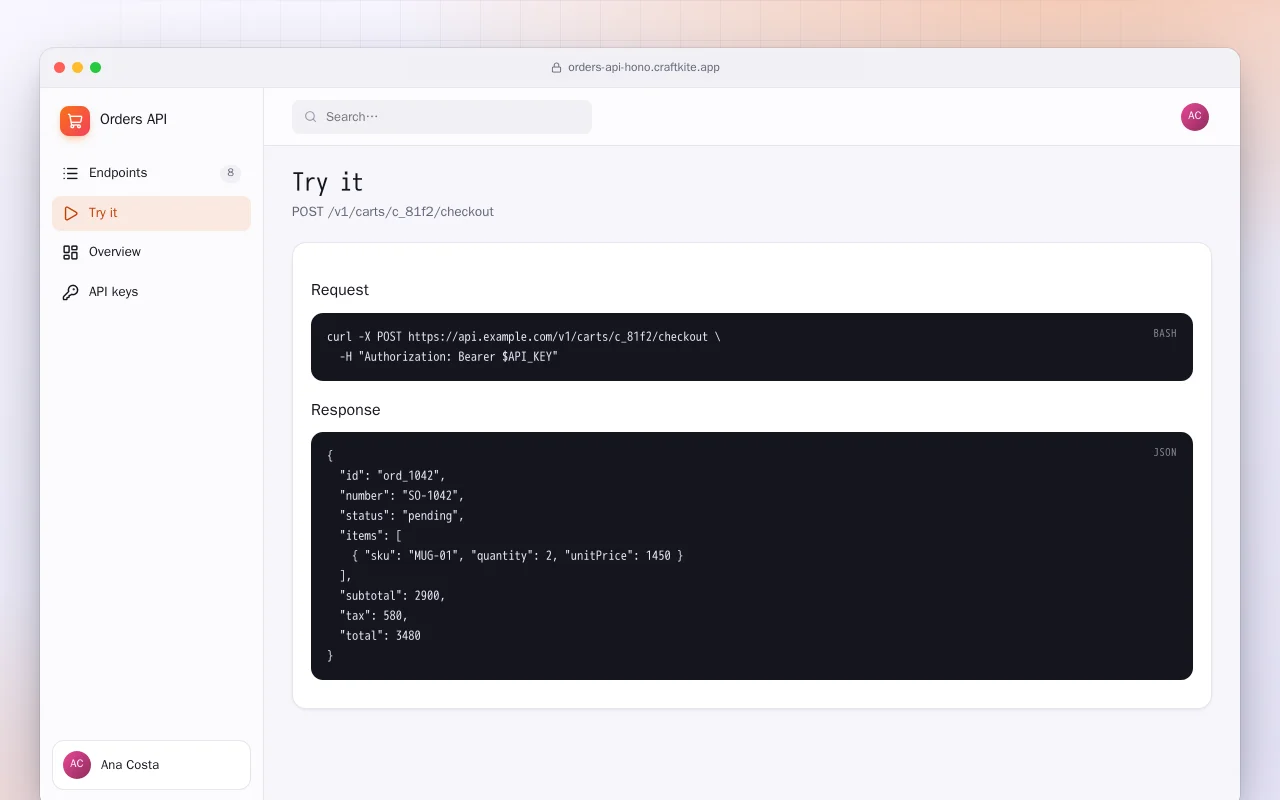 Orders API: the Try it screen
