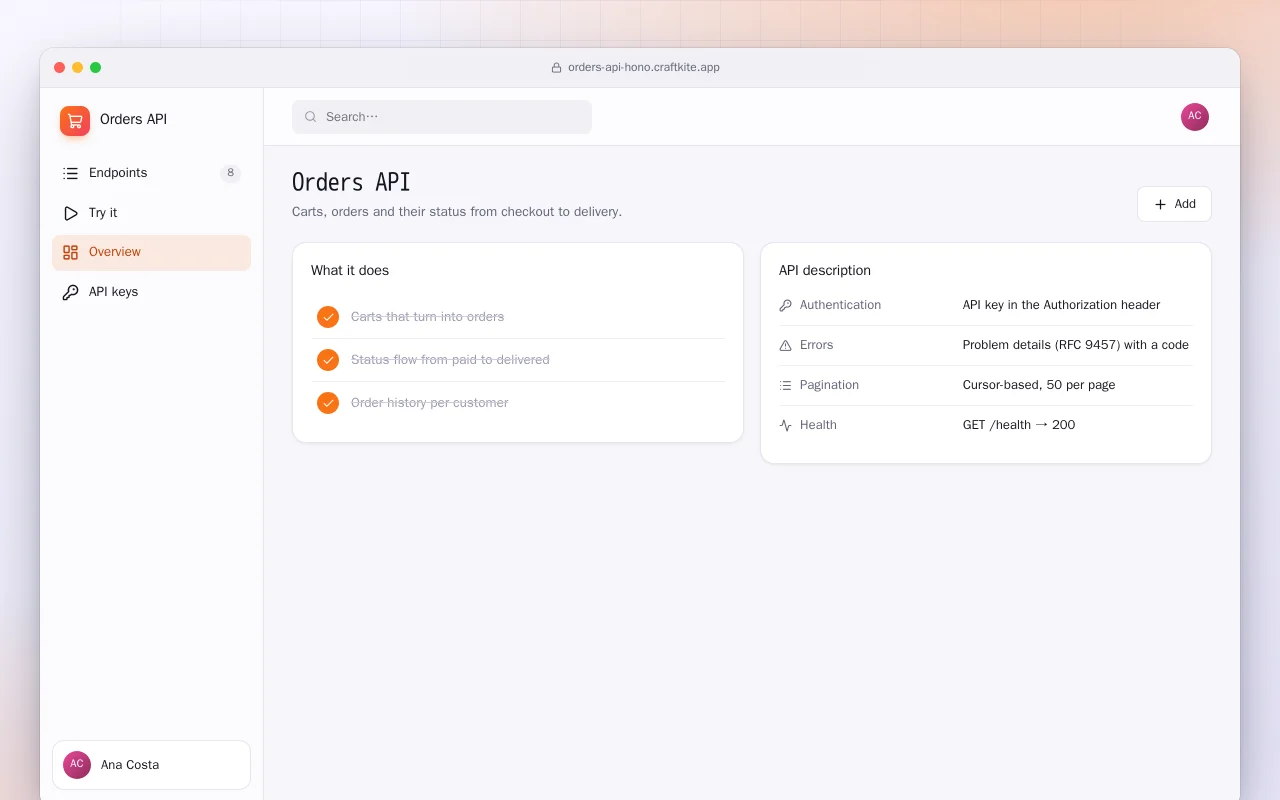 Orders API: the Orders API screen