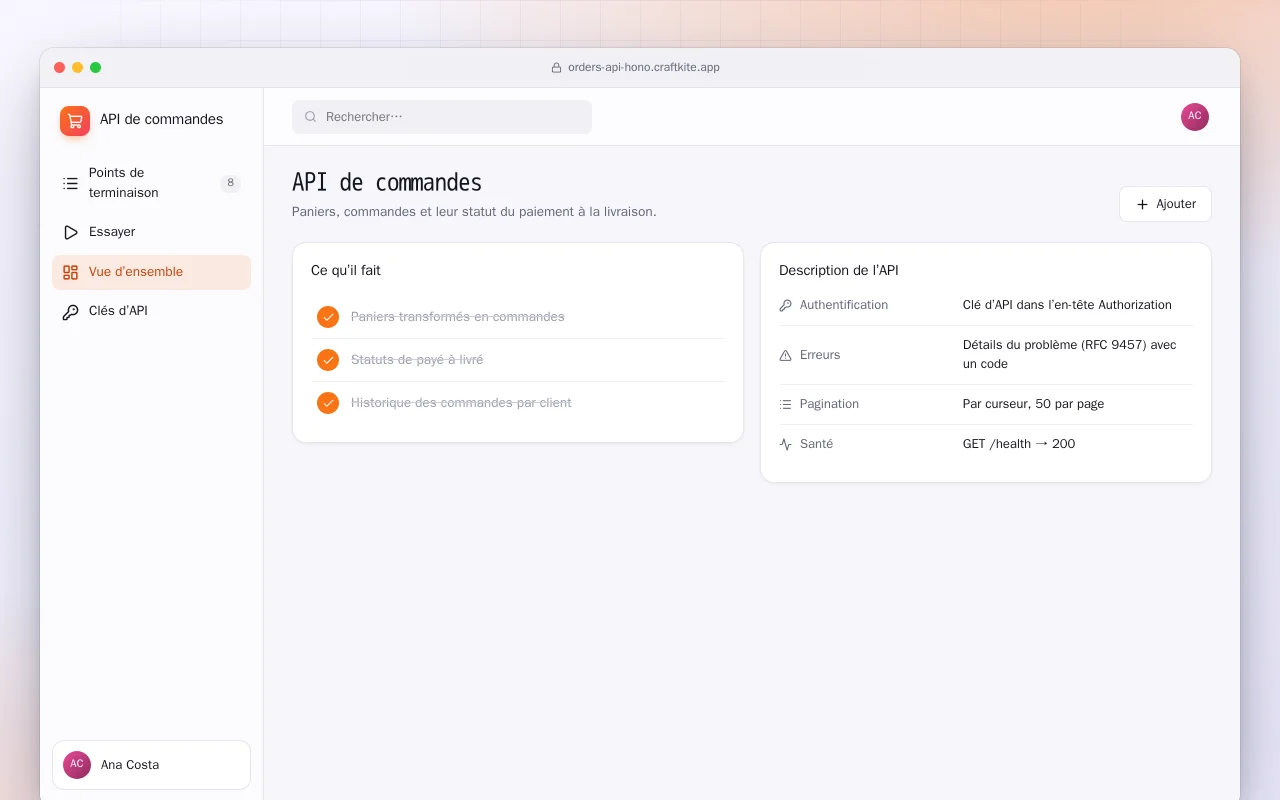 API de commandes : l’écran API de commandes