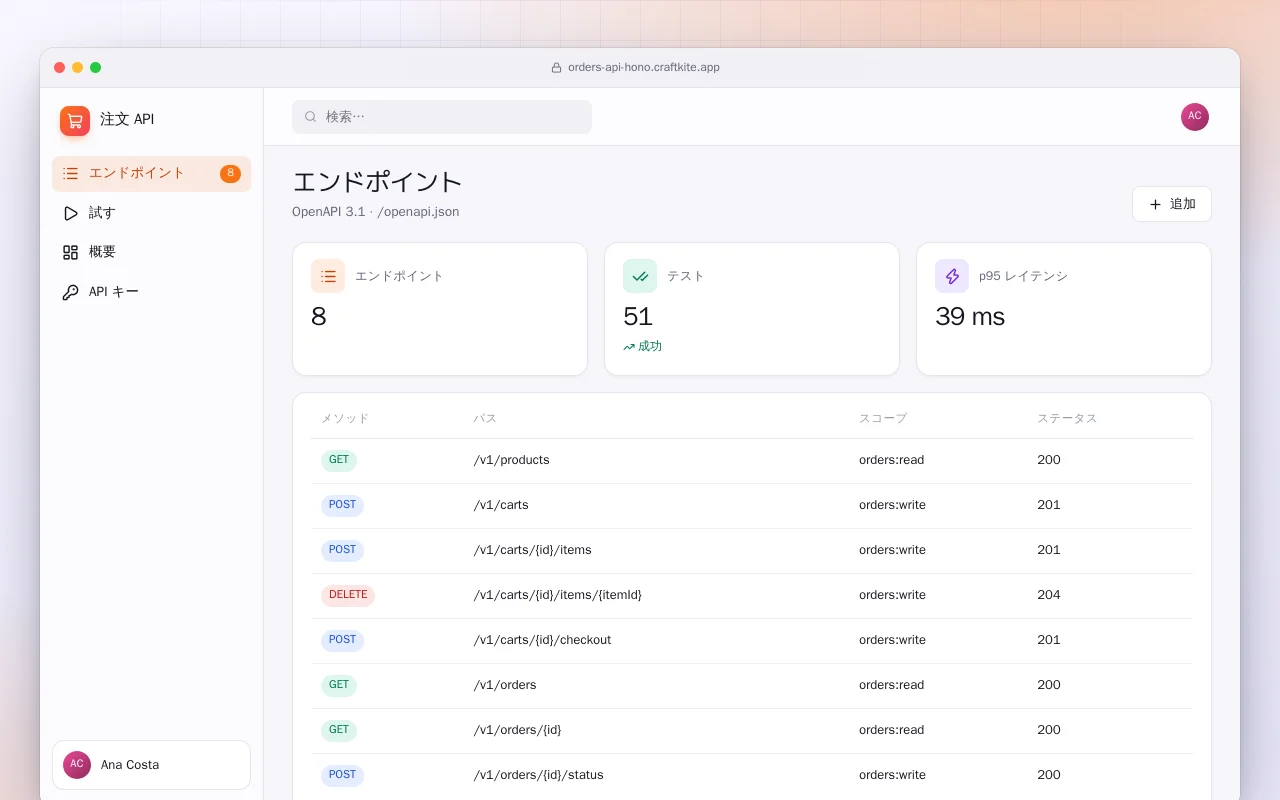 注文 API：エンドポイント画面
