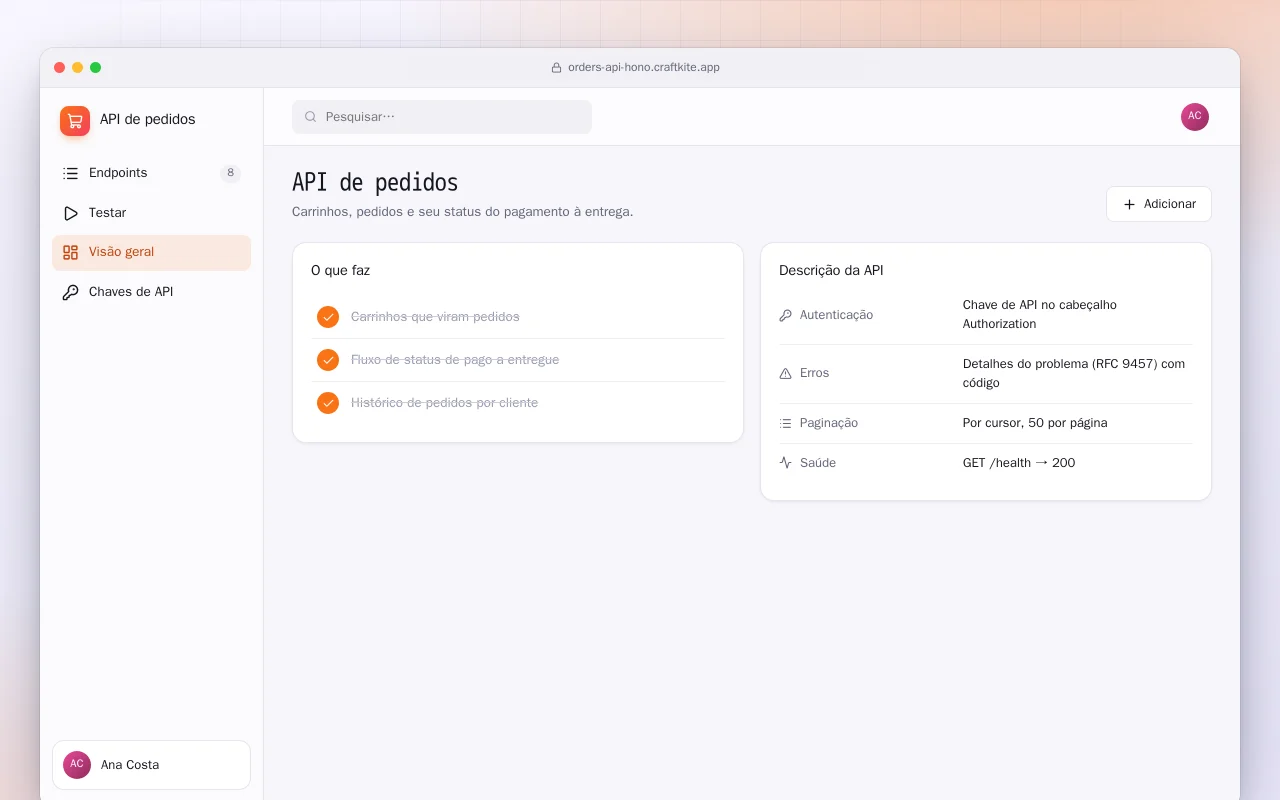 API de pedidos: a tela API de pedidos